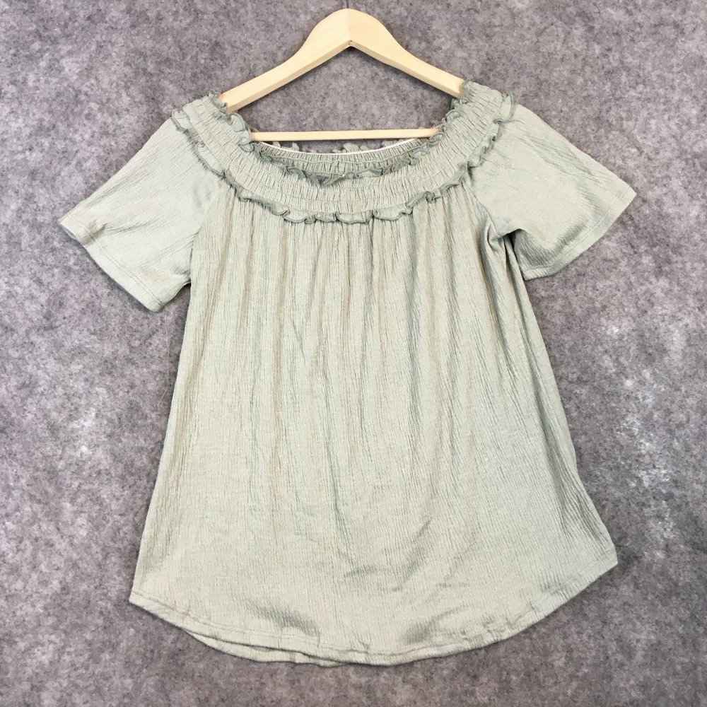 French Laundry Top L Peasant Sage Green Gauze Textured Solid Smocked Boho Casual